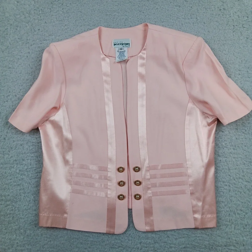VTG Petite Perceptions Jacket Woman 12 Pink Satin Trim Pearl Button USA Made